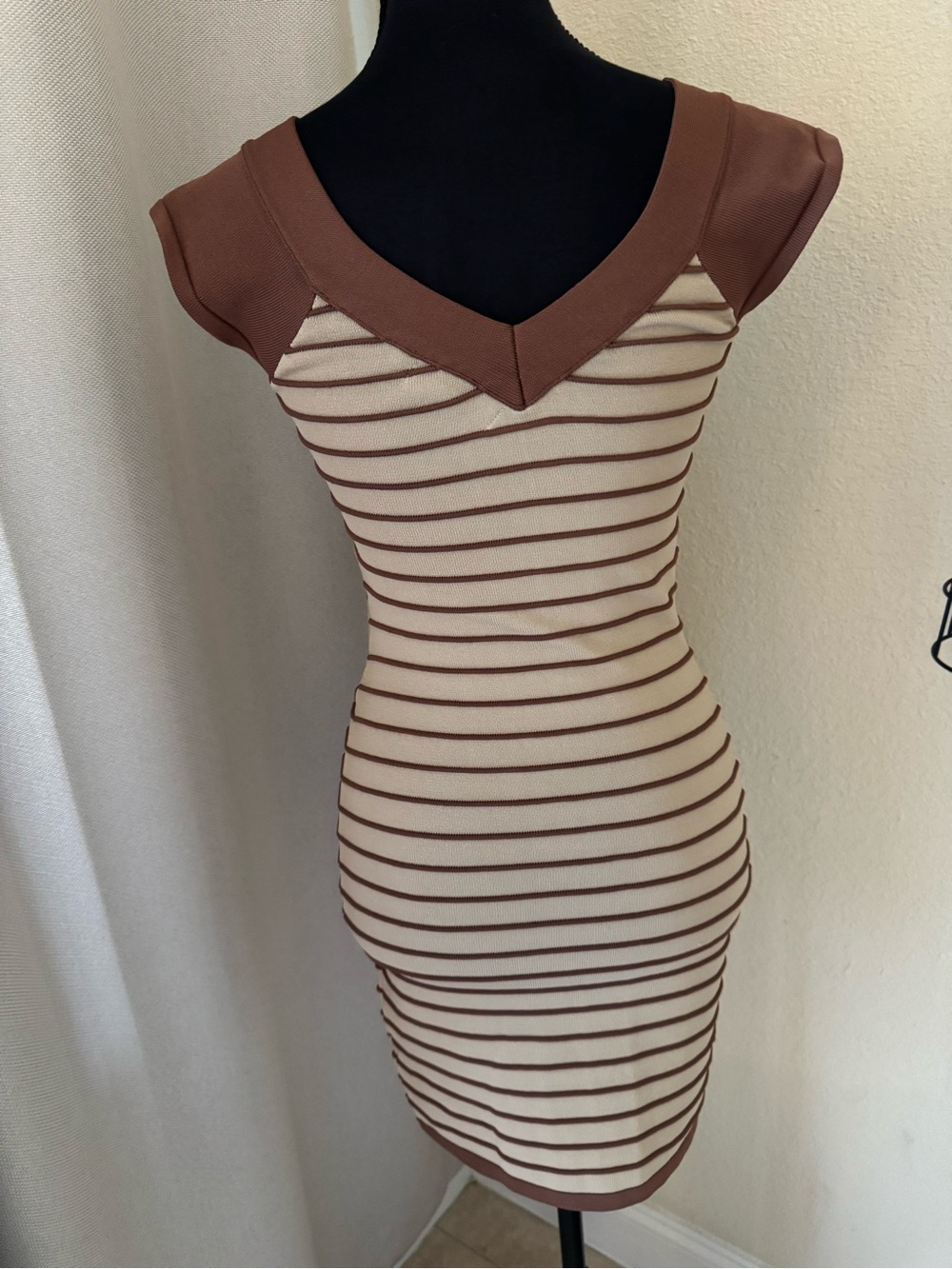 WOW Couture Brown Cream Striped Bodycon Knit Mini Dress S - Picture 6 of 10